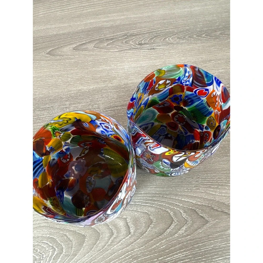 Millefiori Murano Venetian Style Art Glass Tumblers Set of 2 Multi Color Mosaic